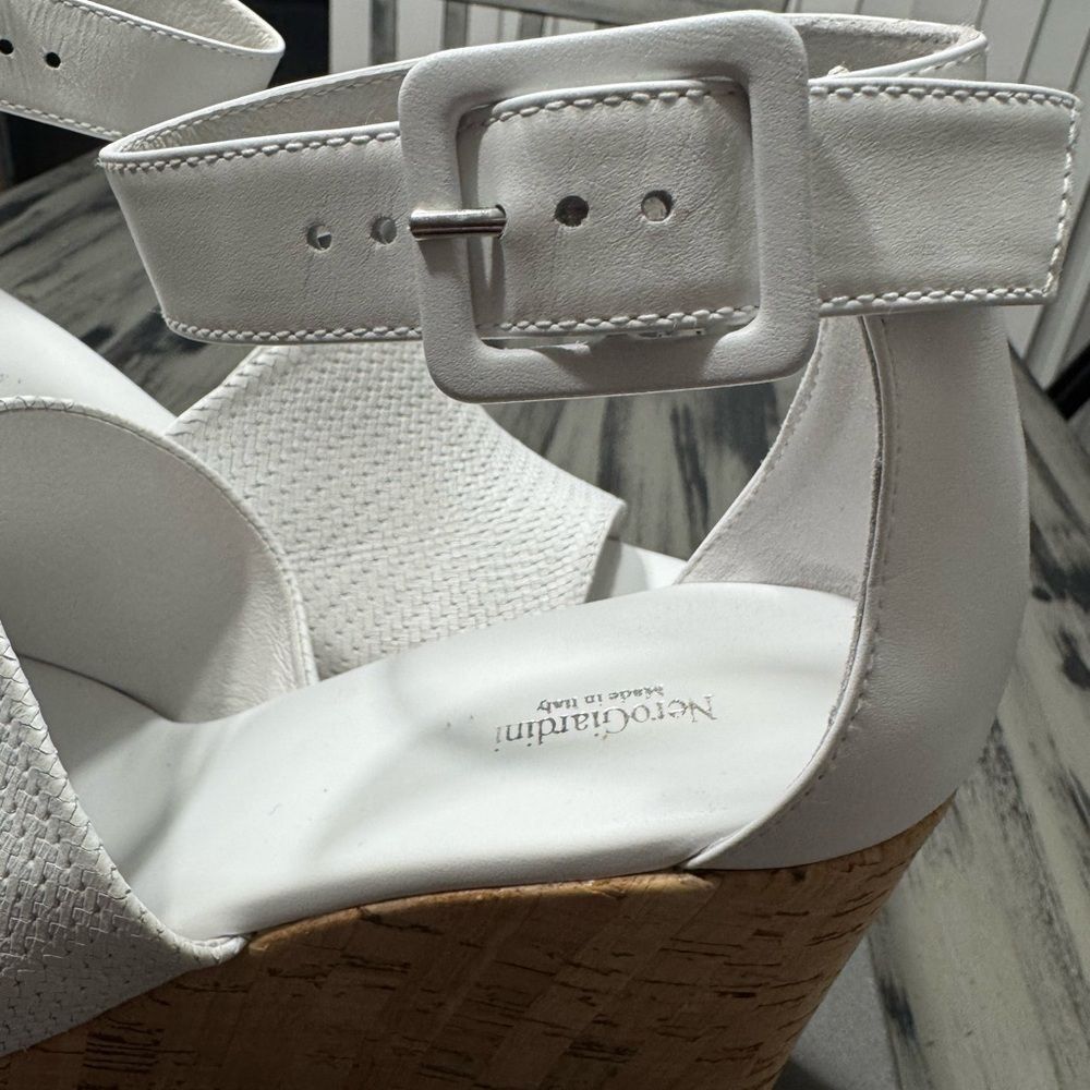 Nero Giardini Loira Bianco Textured Leather Platform Cork Ankle Strap Wedges - Picture 6 of 12